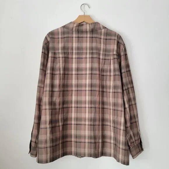 Evan Picone 100% Silk Button Front Plaid Shirt Top 16W Green Pink Long Sleeve Po - Picture 2 of 5